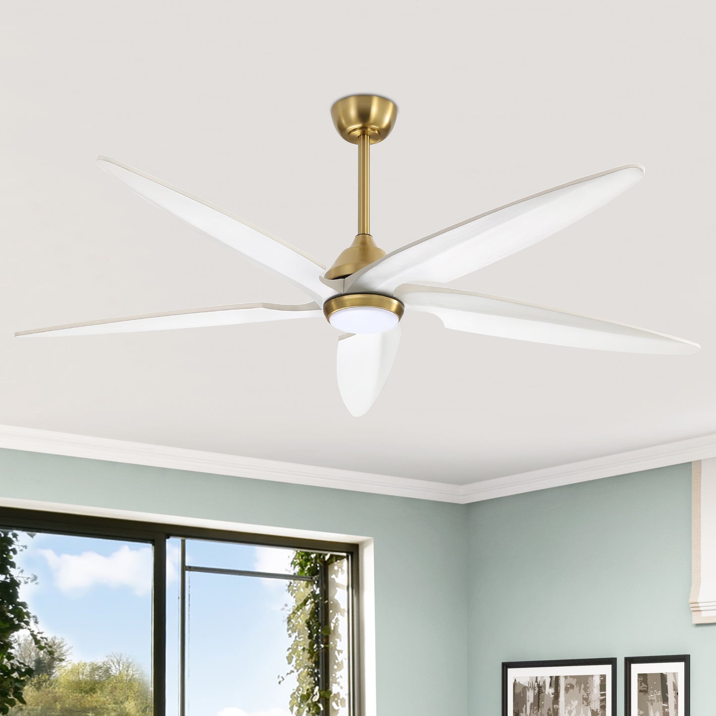64" Gold and White Ceiling Fan with LED Light and Remote – Modern Large Room Fan