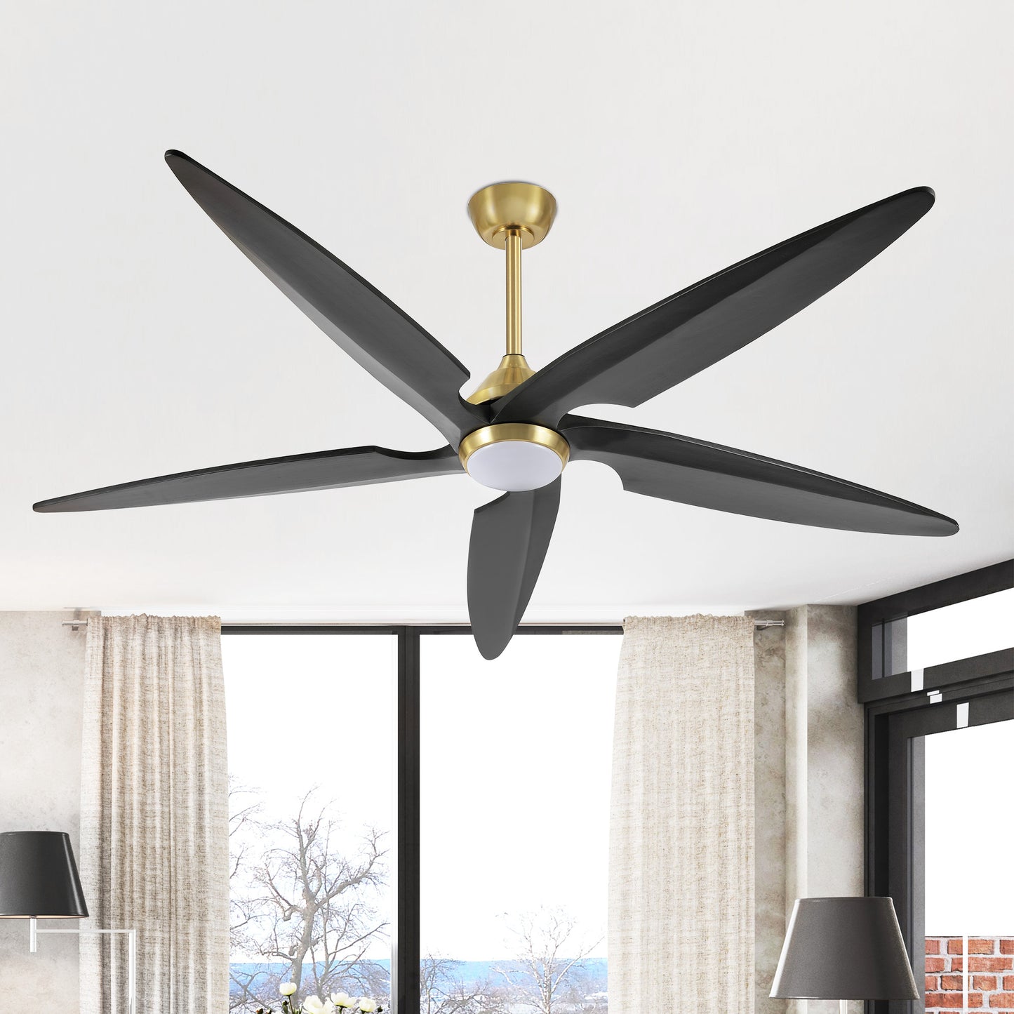 64" Gold and Black Ceiling Fan with LED Light and Remote – Modern Large Room Fan