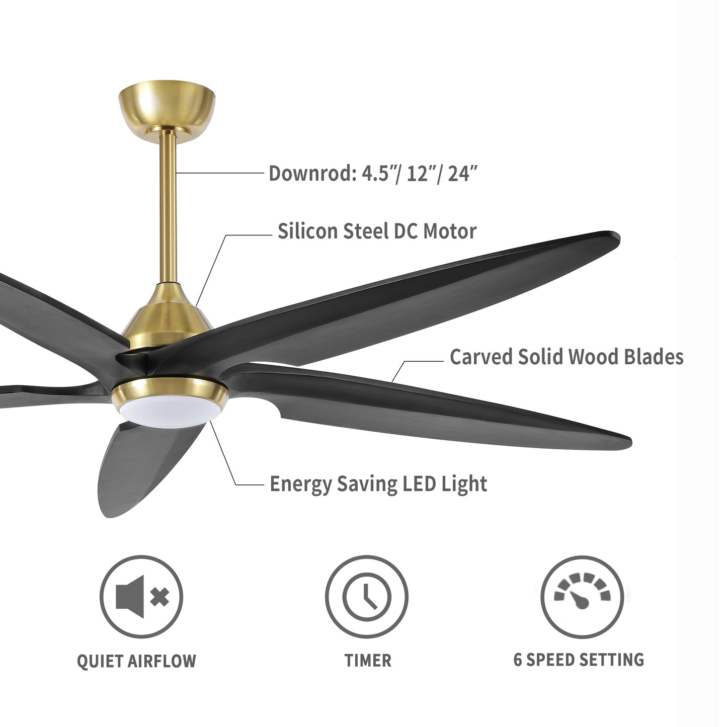 64" Gold and Black Ceiling Fan with LED Light and Remote – Modern Large Room Fan