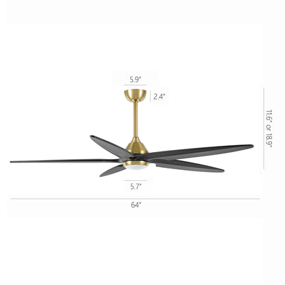 64" Gold and Black Ceiling Fan with LED Light and Remote – Modern Large Room Fan