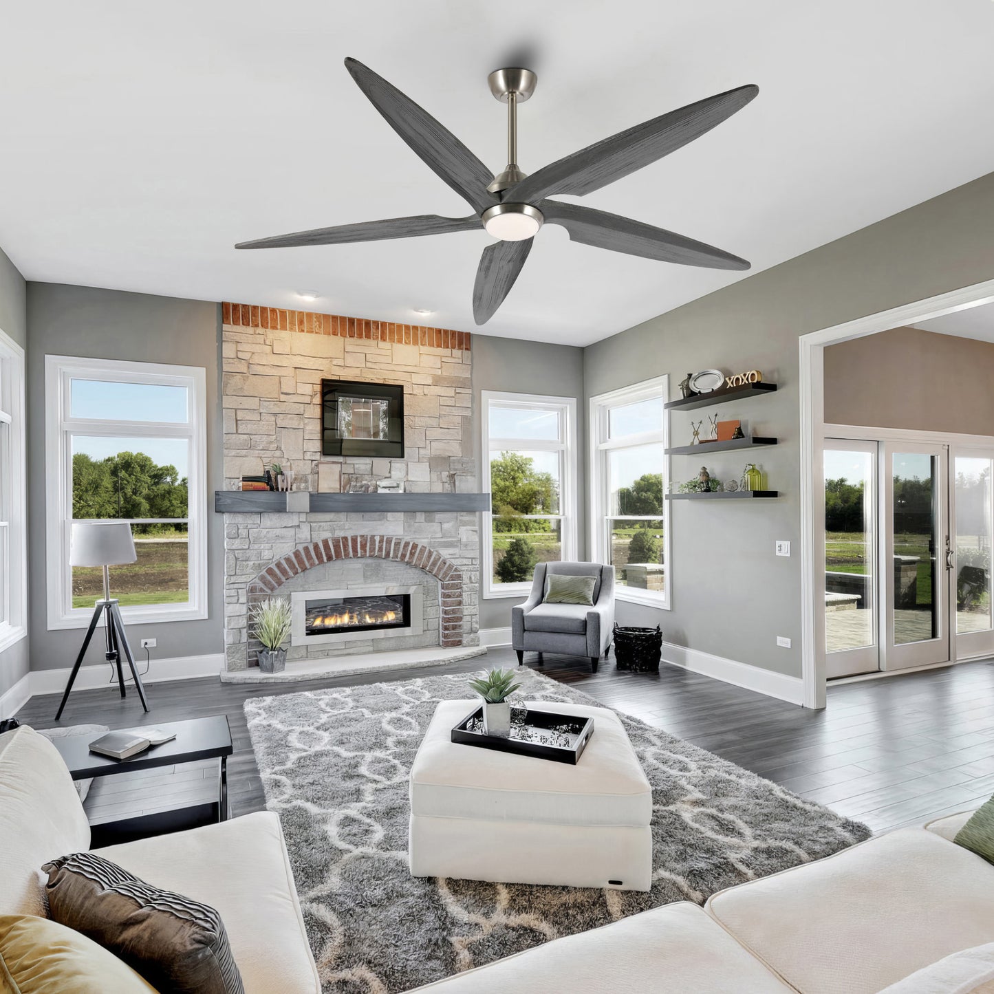 Ceiling Fan 64" Modern Nickel + Gray 5-Blade with LED Light