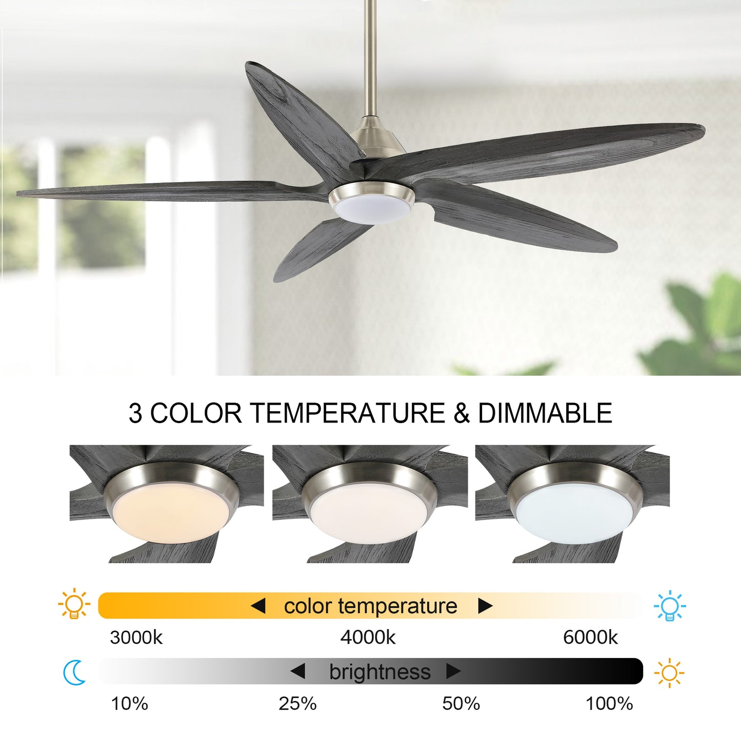 Ceiling Fan 64" Modern Nickel + Gray 5-Blade with LED Light