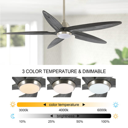 Ceiling Fan 64" Modern Nickel + Gray 5-Blade with LED Light