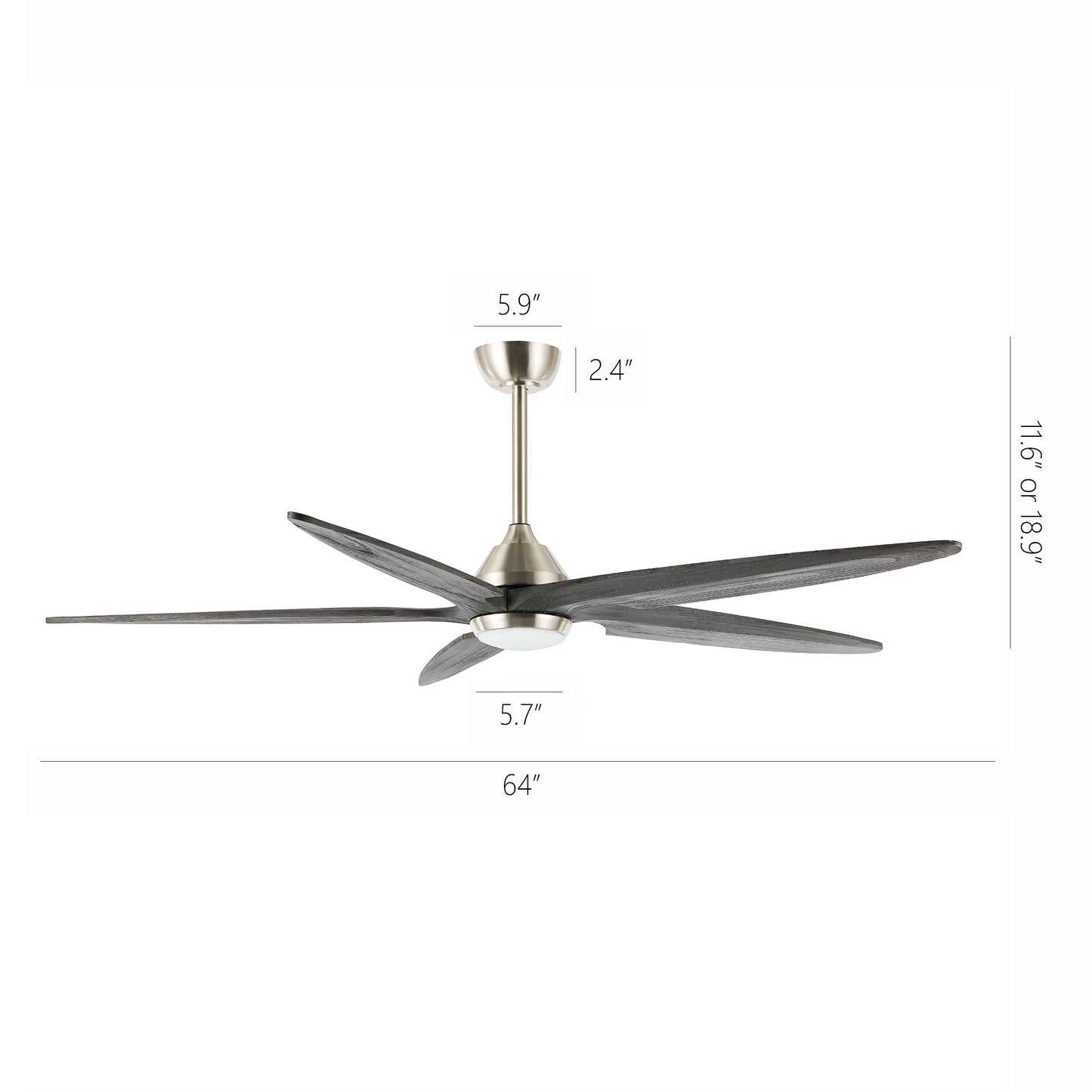 Ceiling Fan 64" Modern Nickel + Gray 5-Blade with LED Light