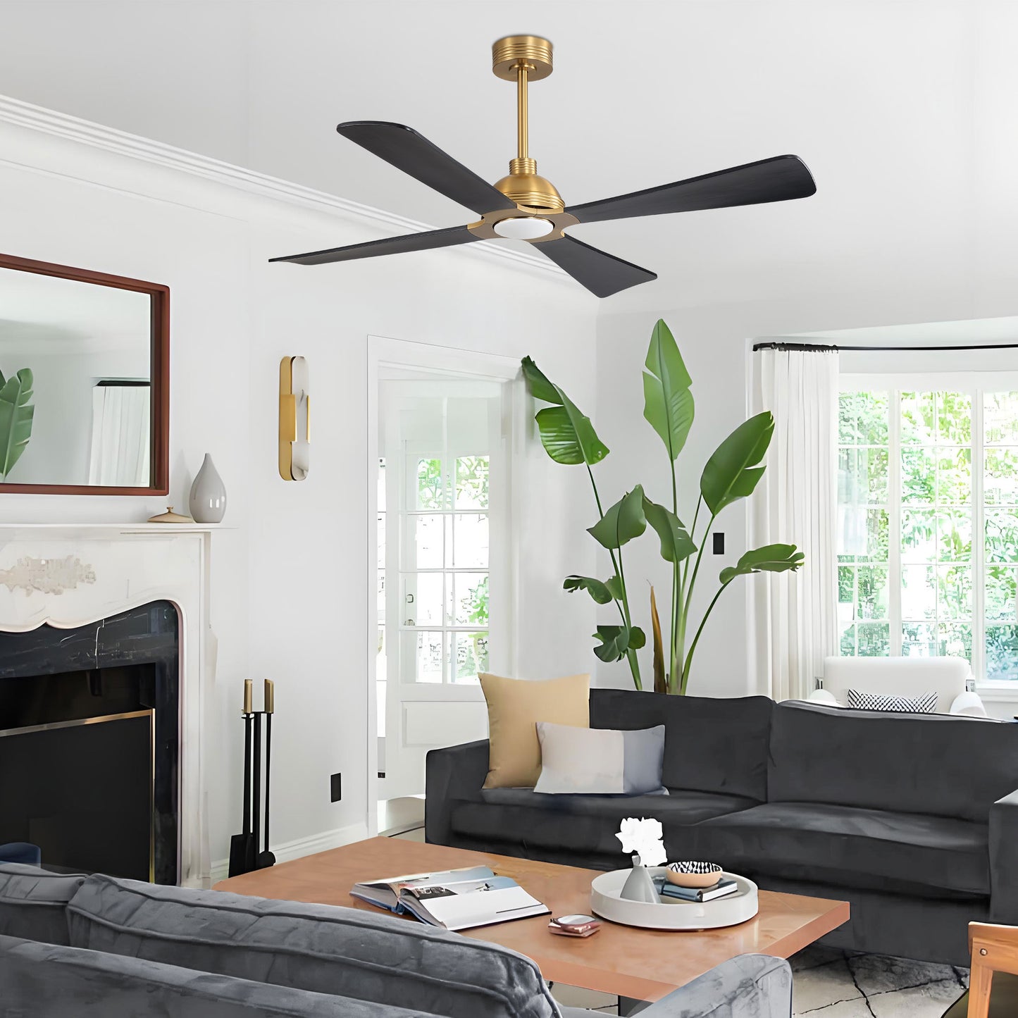 56" Gold & Black Ceiling Fan with Light & Remote – Modern 4-Blade, Quiet DC Motor