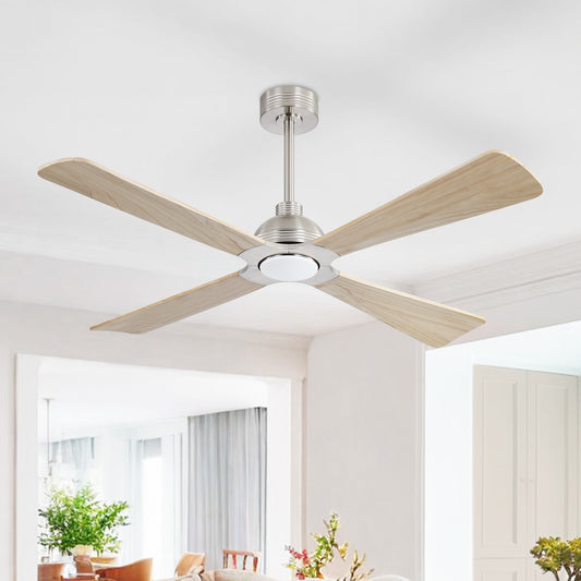 56" Chrome + Wood Ceiling Fan with Light & Remote – Modern 4-Blade, Quiet DC Motor