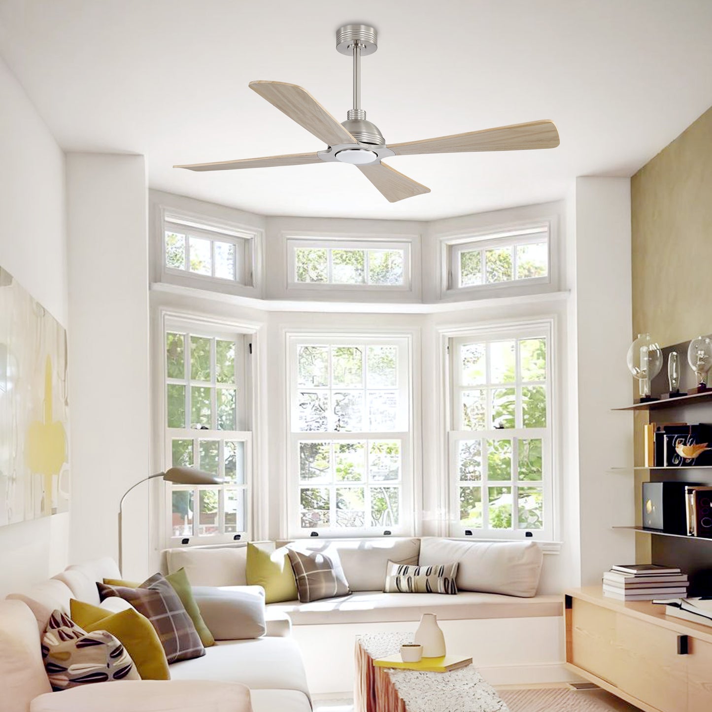 56" Chrome + Wood Ceiling Fan with Light & Remote – Modern 4-Blade, Quiet DC Motor