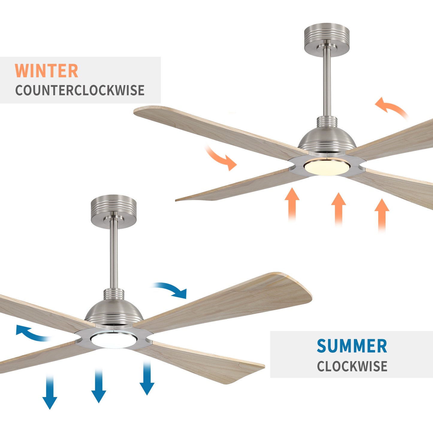 56" Chrome + Wood Ceiling Fan with Light & Remote – Modern 4-Blade, Quiet DC Motor