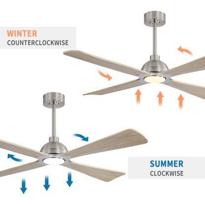 56" Chrome + Wood Ceiling Fan with Light & Remote – Modern 4-Blade, Quiet DC Motor