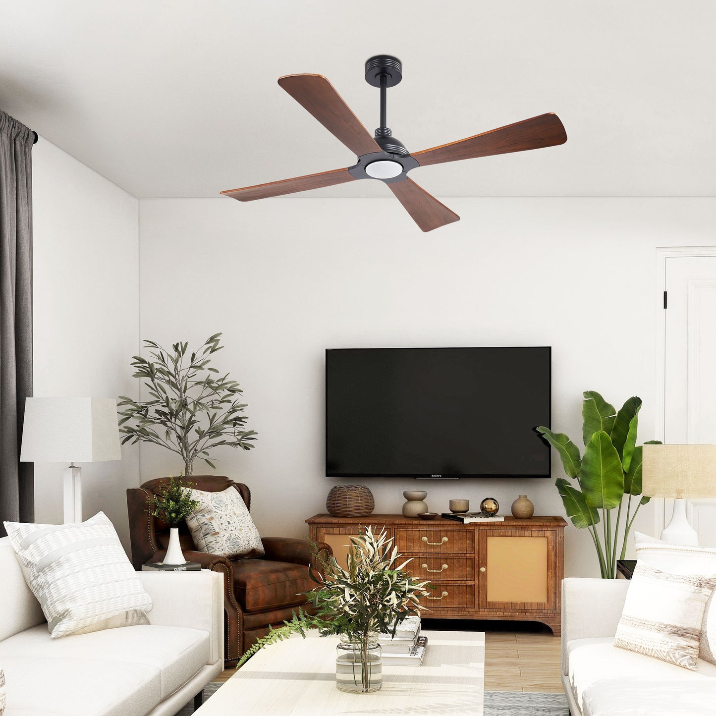56" Black & Wood Ceiling Fan with Light & Remote – Modern 4-Blade, Quiet DC Motor