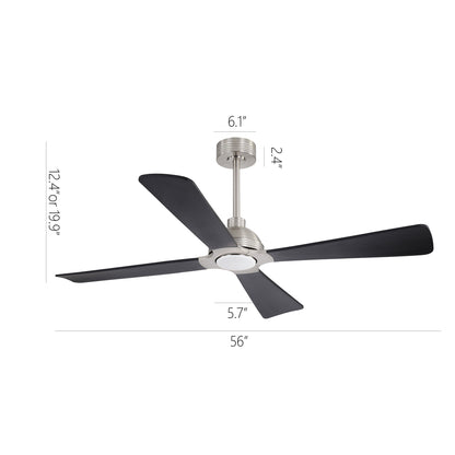56" Brushed Nickel & Black Ceiling Fan with Light & Remote – Modern 4-Blade, Quiet DC Motor