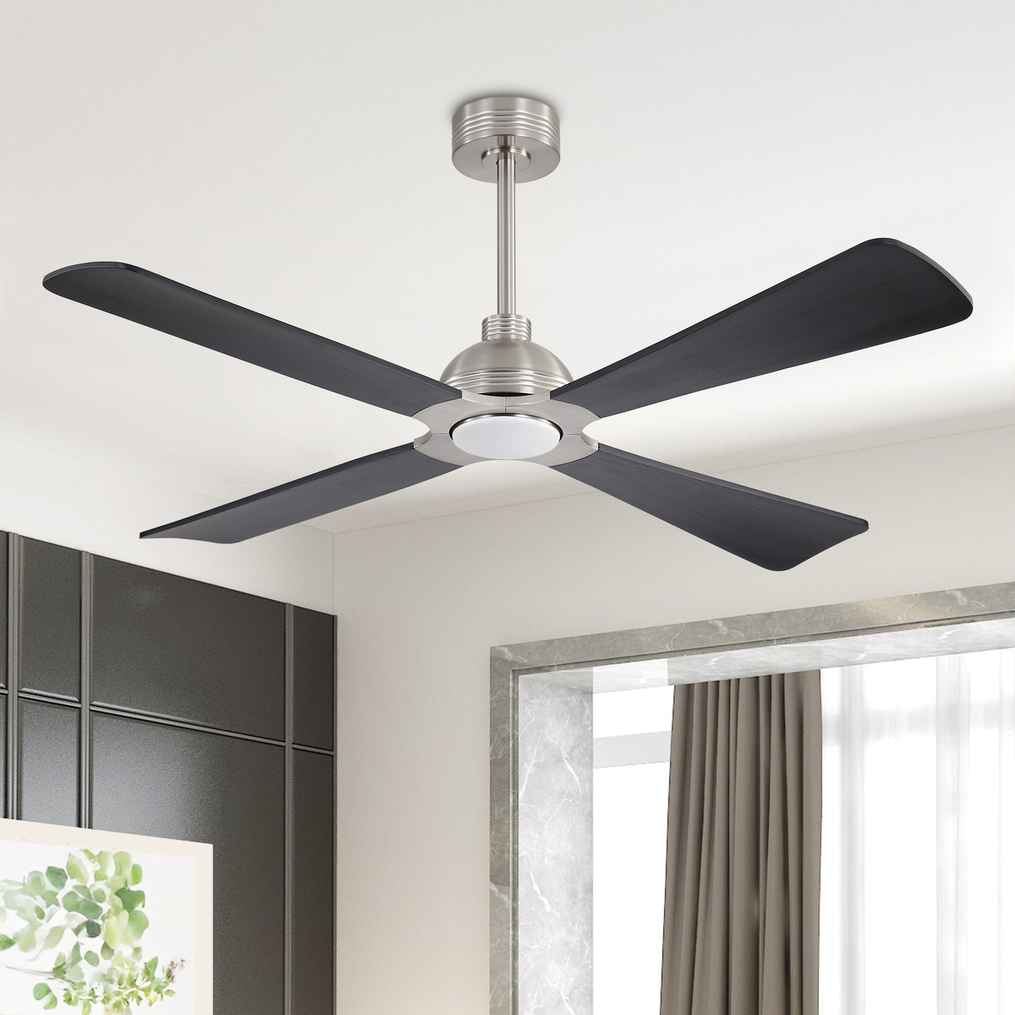 56" Brushed Nickel & Black Ceiling Fan with Light & Remote – Modern 4-Blade, Quiet DC Motor