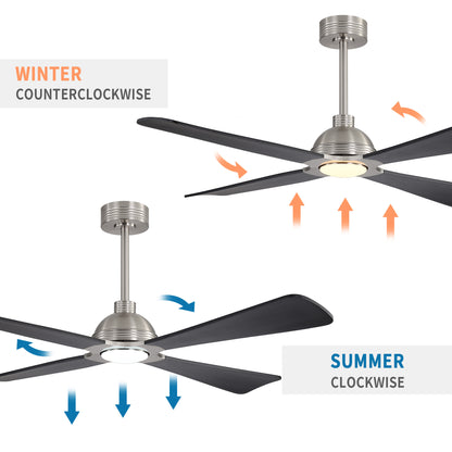 56" Brushed Nickel & Black Ceiling Fan with Light & Remote – Modern 4-Blade, Quiet DC Motor