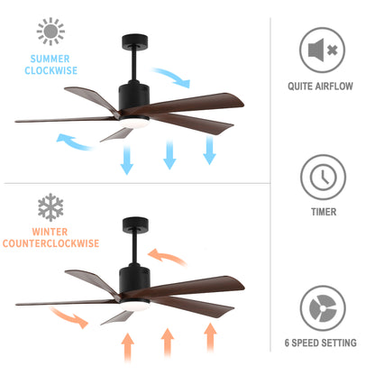 52" Black Ceiling Fan with Walnut Blades and LED Light – Modern Dimmable Fan with Remote