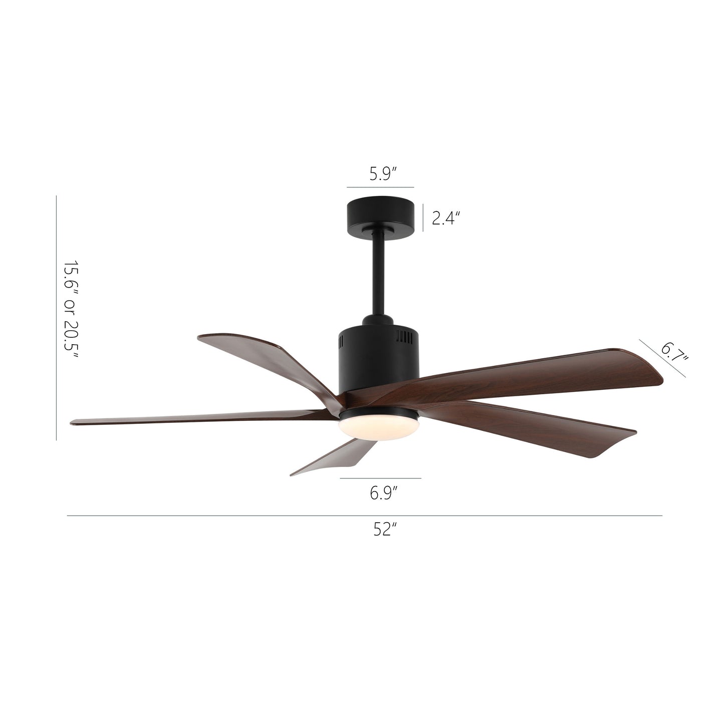 52" Black Ceiling Fan with Walnut Blades and LED Light – Modern Dimmable Fan with Remote