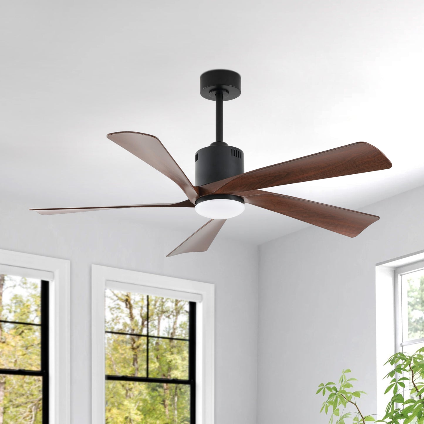 52" Black Ceiling Fan with Walnut Blades and LED Light – Modern Dimmable Fan with Remote
