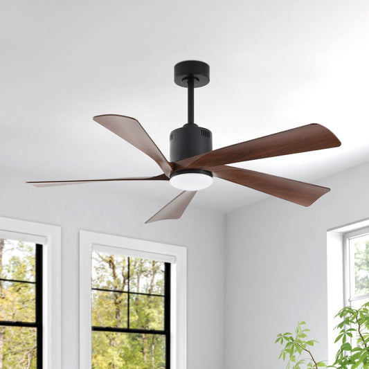 52" Black Ceiling Fan with Walnut Blades and LED Light – Modern Dimmable Fan with Remote