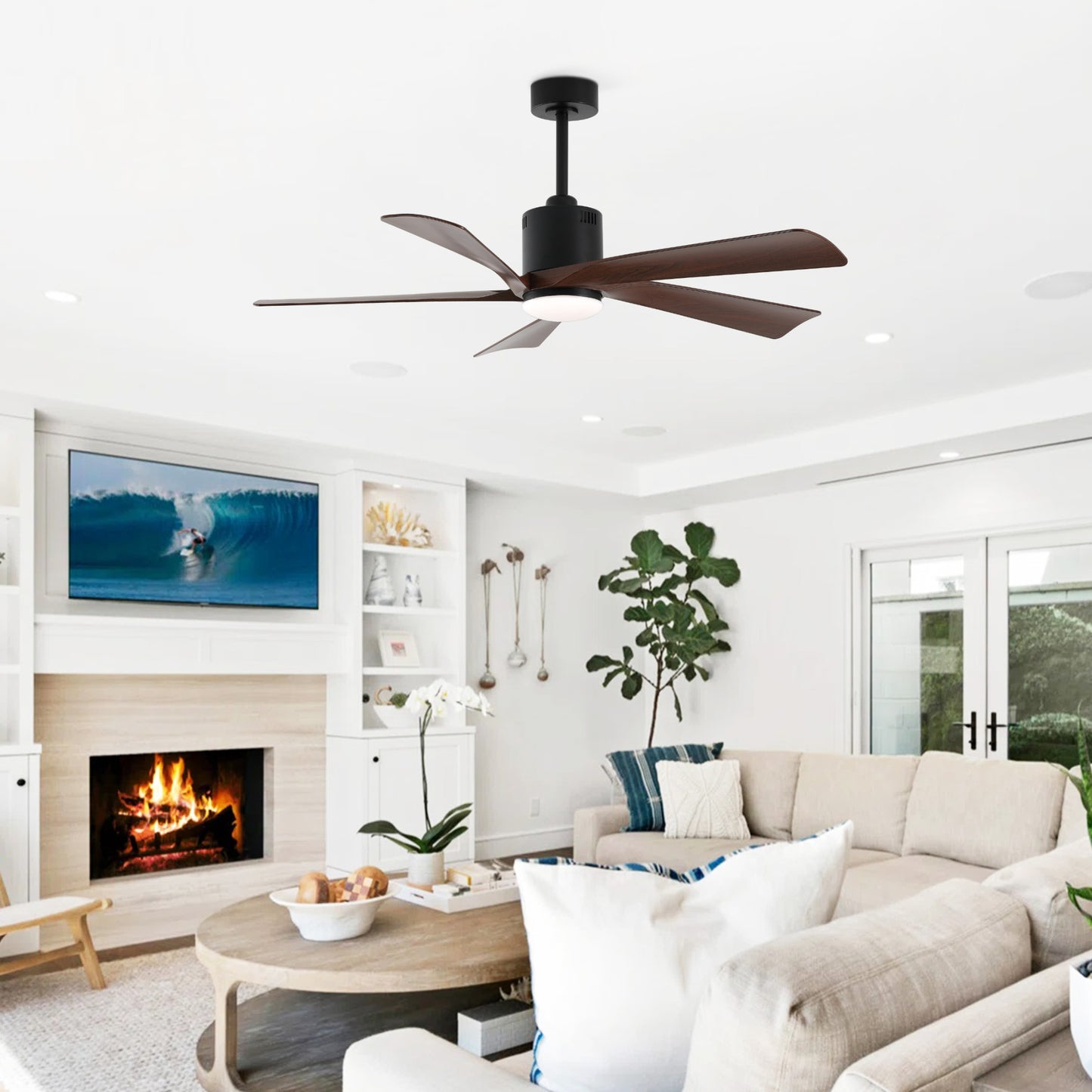 52" Black Ceiling Fan with Walnut Blades and LED Light – Modern Dimmable Fan with Remote