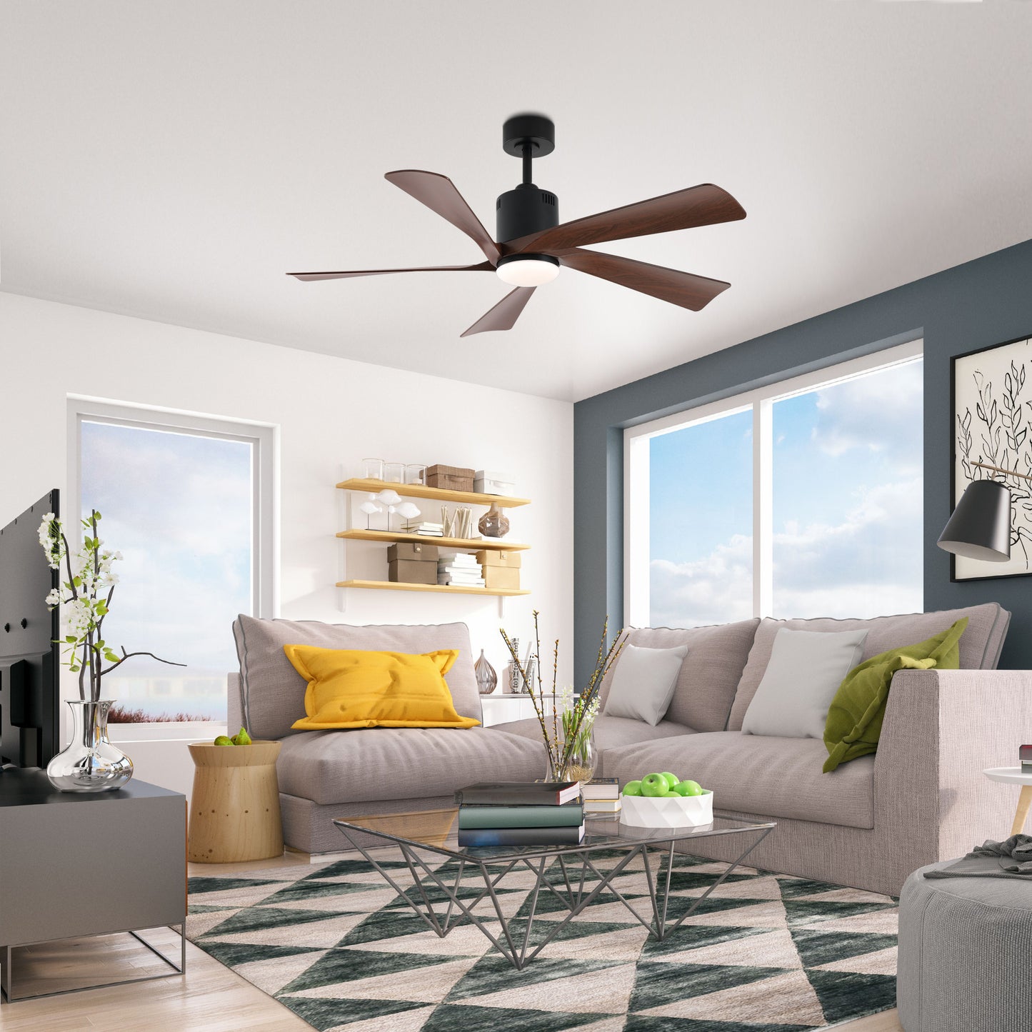 52" Black Ceiling Fan with Walnut Blades and LED Light – Modern Dimmable Fan with Remote