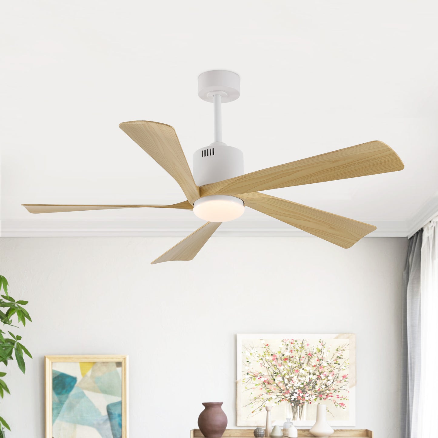 52" White Ceiling Fan with Light Wood Blades and LED Light – Modern Dimmable Fan with Remote