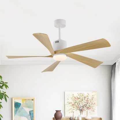 52" White Ceiling Fan with Light Wood Blades and LED Light – Modern Dimmable Fan with Remote