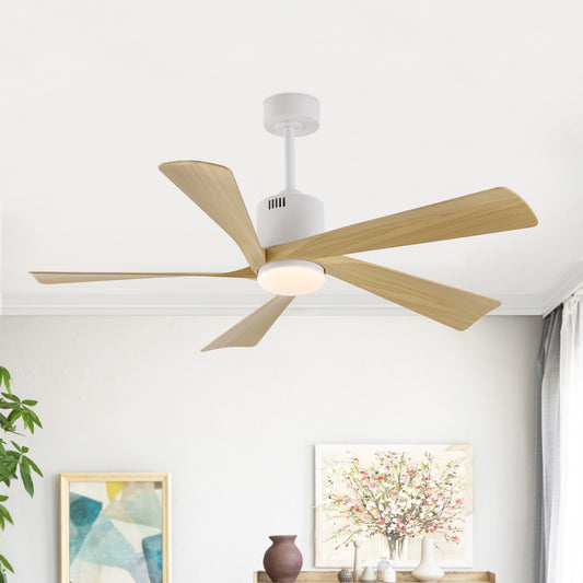 52" White Ceiling Fan with Light Wood Blades and LED Light – Modern Dimmable Fan with Remote