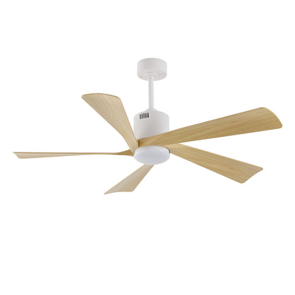 52" White Ceiling Fan with Light Wood Blades and LED Light – Modern Dimmable Fan with Remote