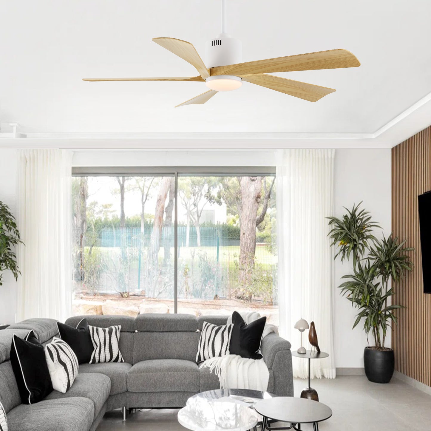 52" White Ceiling Fan with Light Wood Blades and LED Light – Modern Dimmable Fan with Remote
