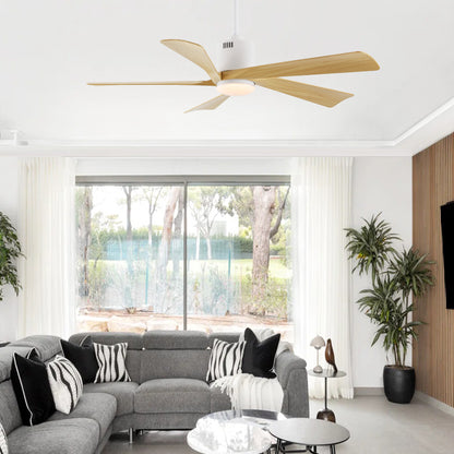 52" White Ceiling Fan with Light Wood Blades and LED Light – Modern Dimmable Fan with Remote