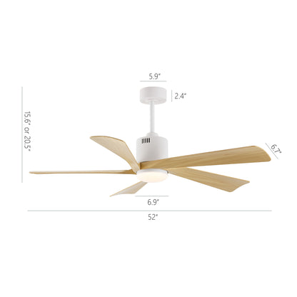 52" White Ceiling Fan with Light Wood Blades and LED Light – Modern Dimmable Fan with Remote
