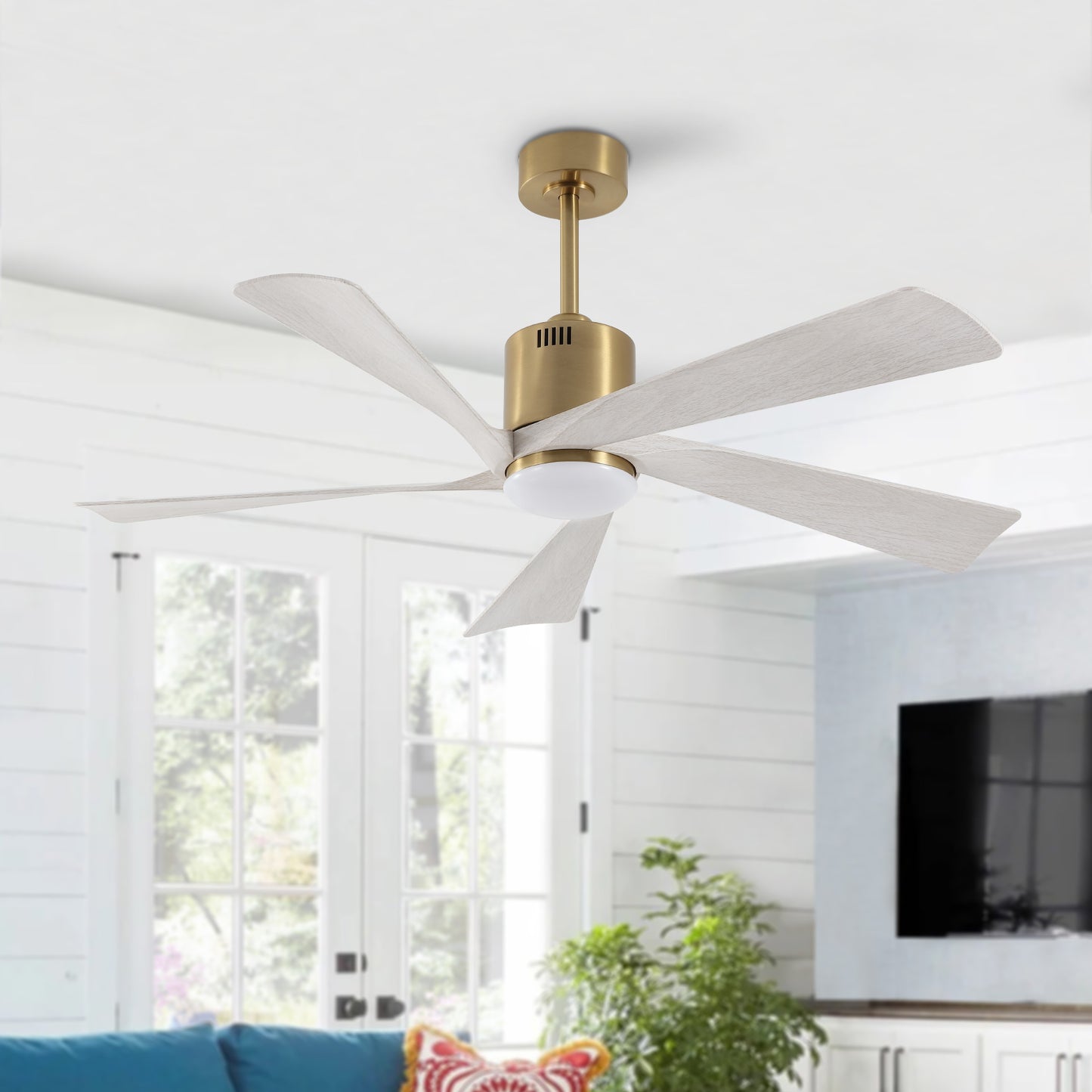 52" Gold Ceiling Fan with Gray Blades and LED Light – Modern Dimmable Fan with Remote