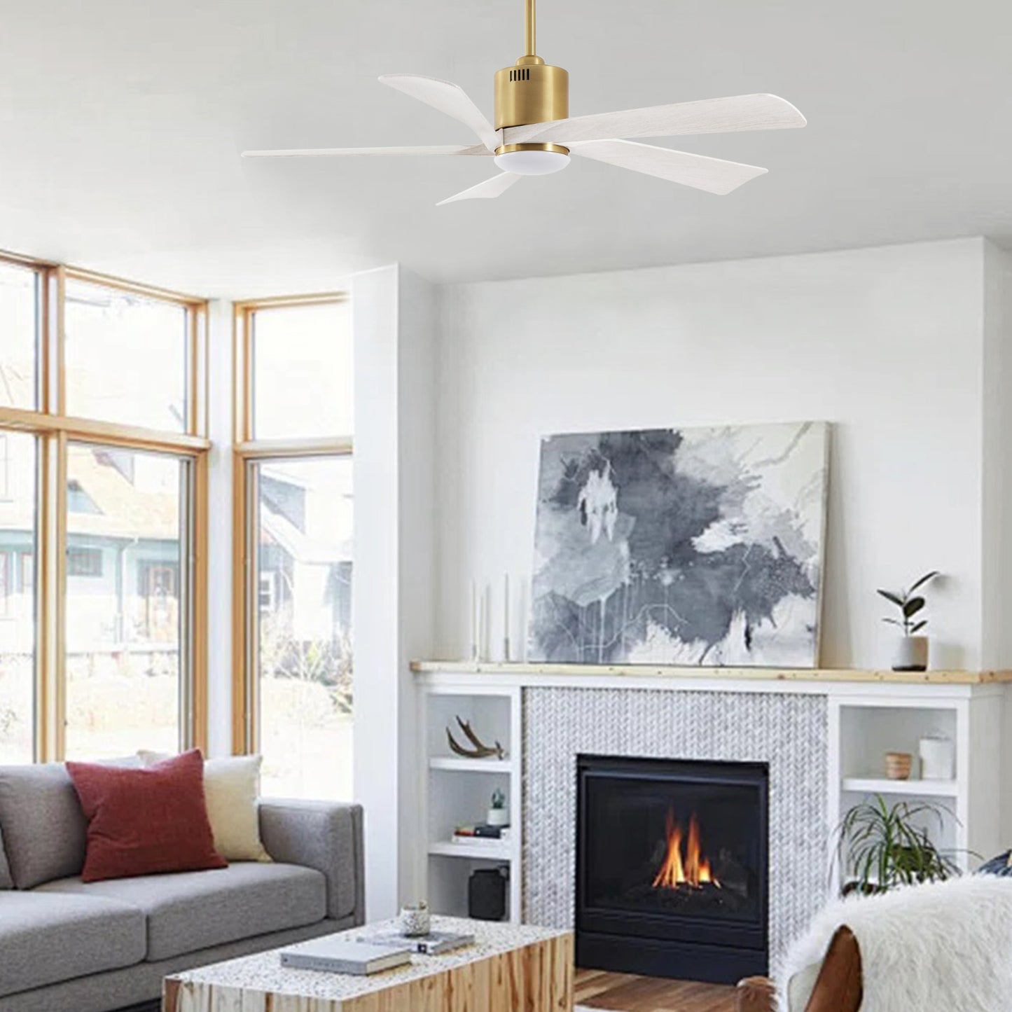 52" Gold Ceiling Fan with Gray Blades and LED Light – Modern Dimmable Fan with Remote