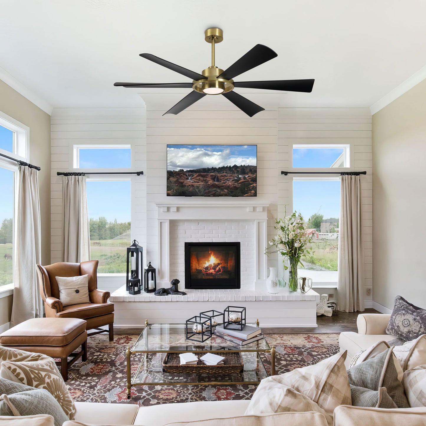 60" Gold and Black Ceiling Fan with LED Light and Remote – Modern 4-Blade Fan