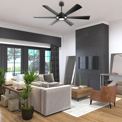 60" Matte Black Ceiling Fan with LED Light and Remote – Modern 4-Blade Fan