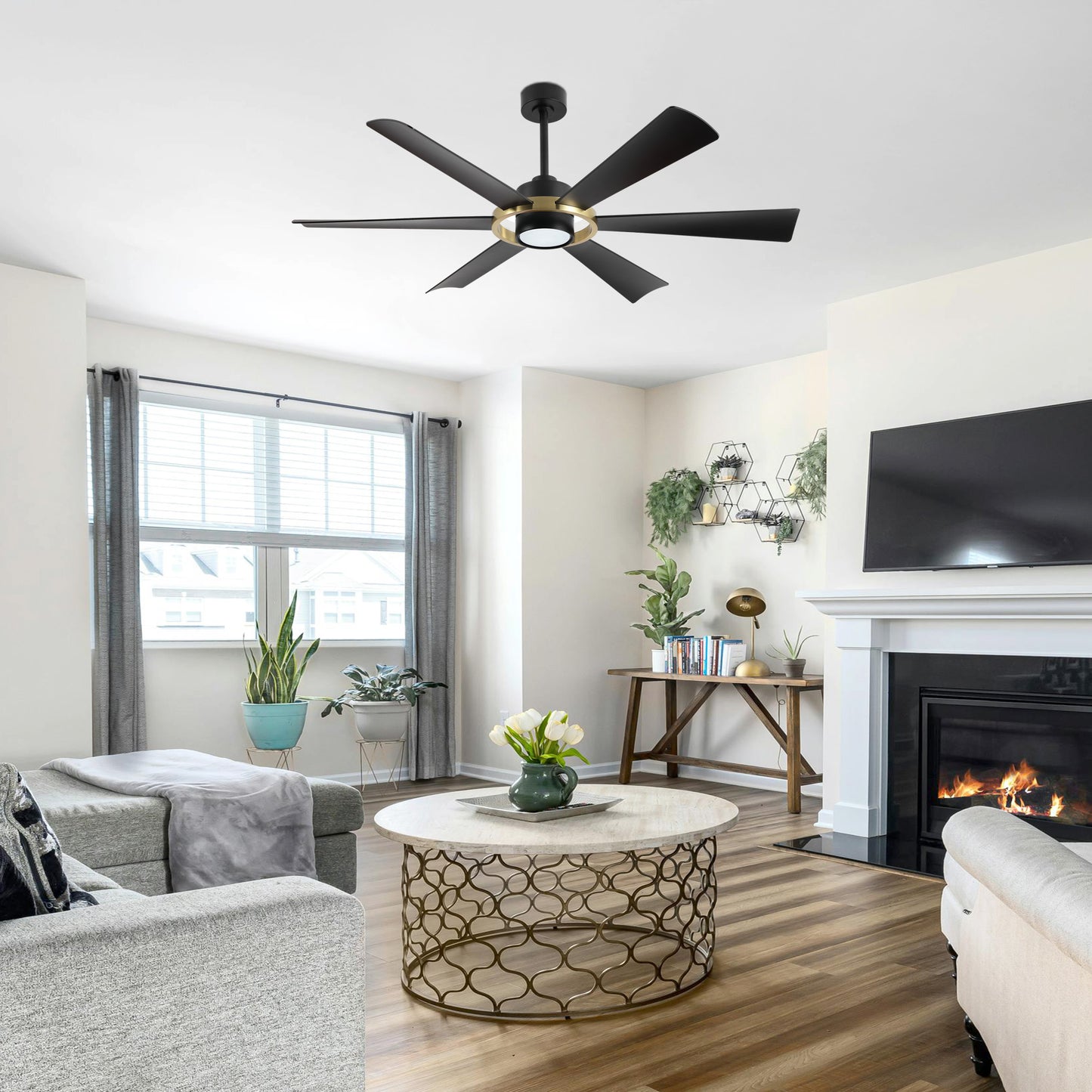 60" Black and Gold Ceiling Fan with LED Light and Remote – Modern 4-Blade Fan
