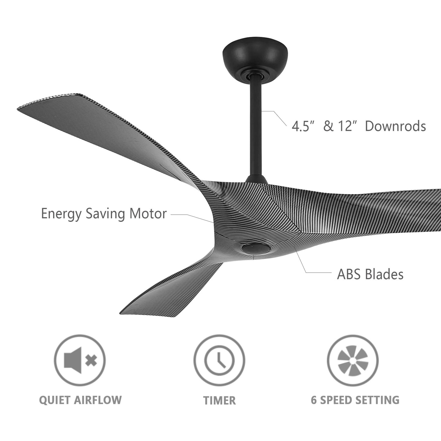 52" Ceiling Fan with Remote – Modern Black Fan No Light with DC Motor