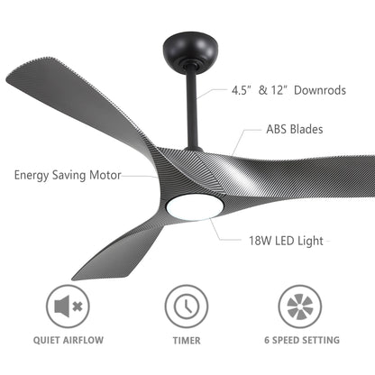 52" Ceiling Fan with LED Light and Remote – Modern Black Fan with DC Motor