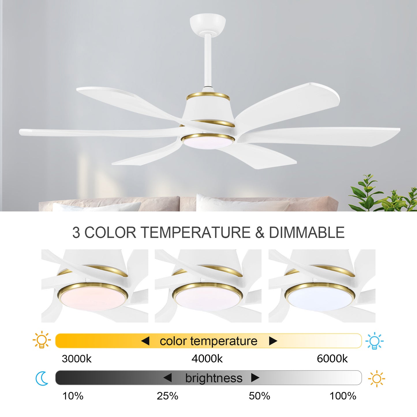 60" White Ceiling Fan with LED Light and Remote – Modern 6-Blade Smart Fan
