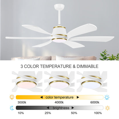 60" White Ceiling Fan with LED Light and Remote – Modern 6-Blade Smart Fan