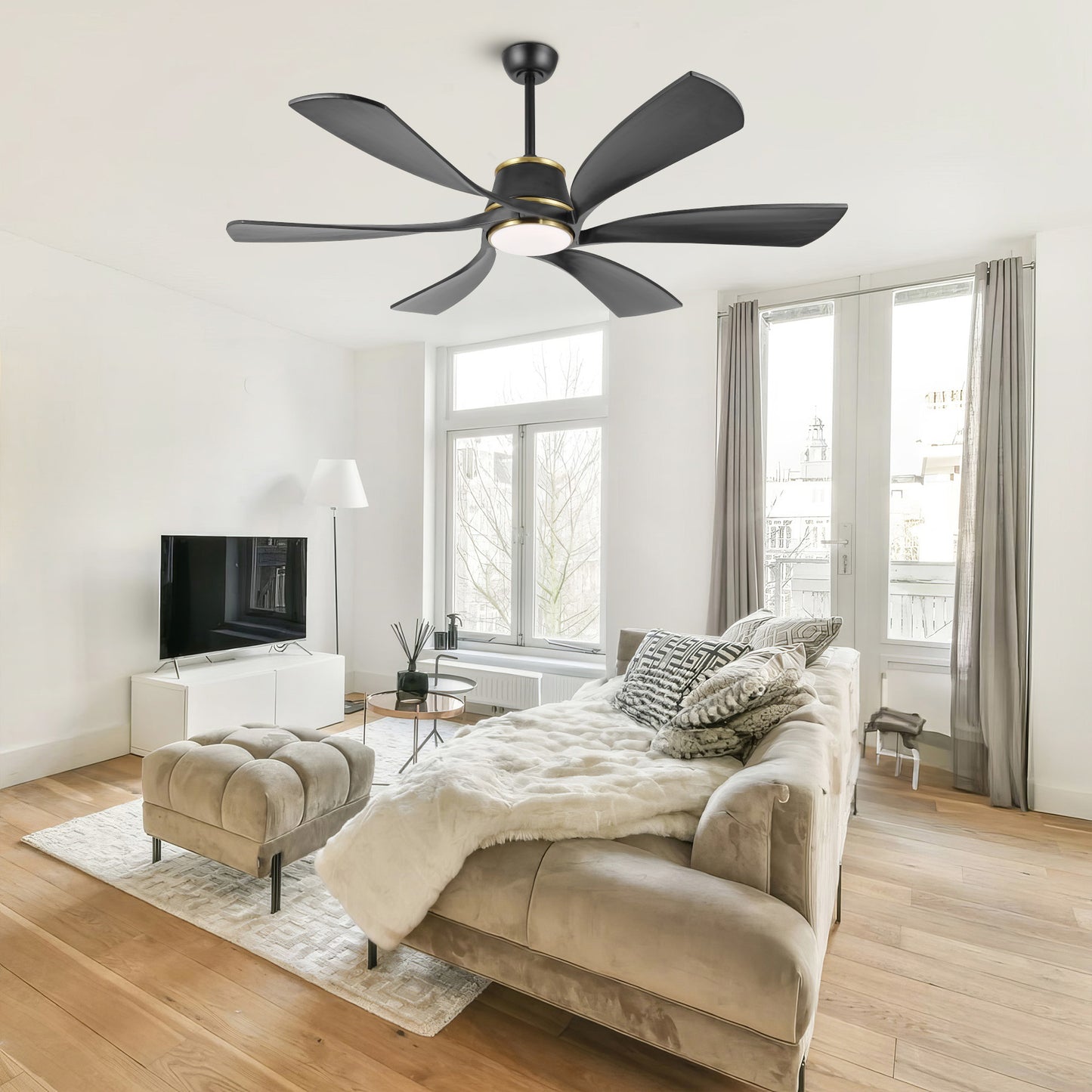 60" Matte Black Ceiling Fan with LED Light and Remote – Modern 6-Blade Smart Fan