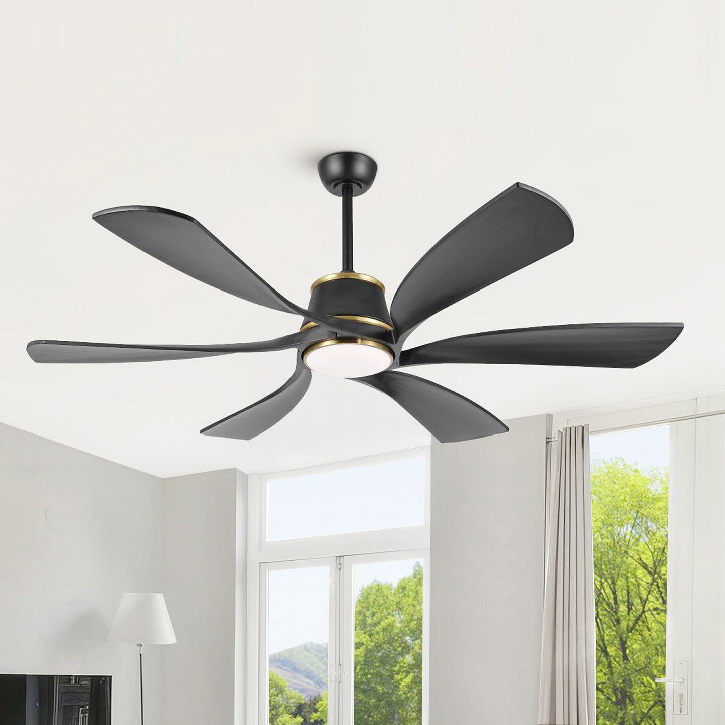 60" Matte Black Ceiling Fan with LED Light and Remote – Modern 6-Blade Smart Fan