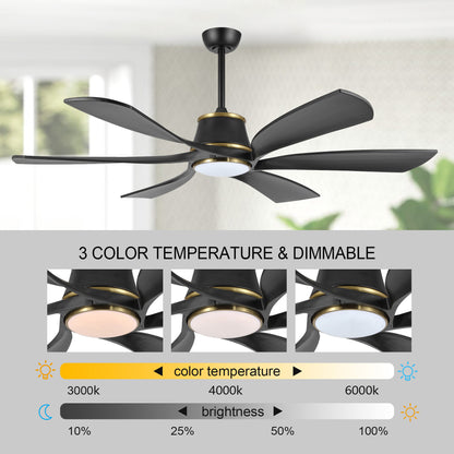 60" Matte Black Ceiling Fan with LED Light and Remote – Modern 6-Blade Smart Fan
