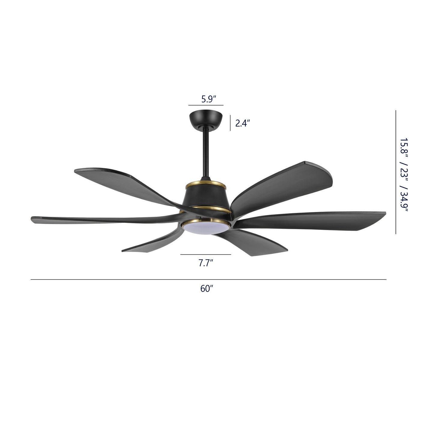 60" Matte Black Ceiling Fan with LED Light and Remote – Modern 6-Blade Smart Fan
