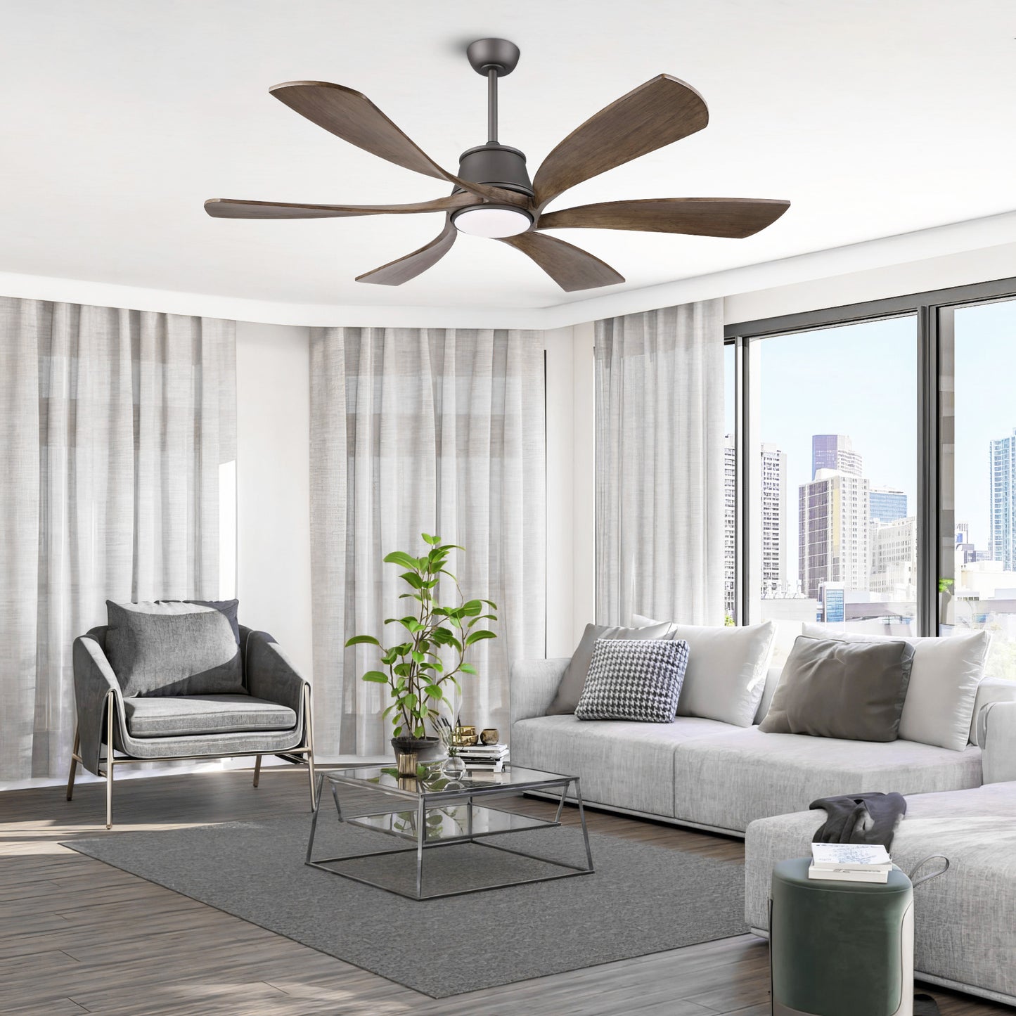 60" Charcoal Grey Ceiling Fan with Wood Blades and LED Light – 6-Blade Smart Fan with Remote