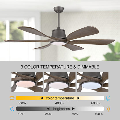 60" Charcoal Grey Ceiling Fan with Wood Blades and LED Light – 6-Blade Smart Fan with Remote