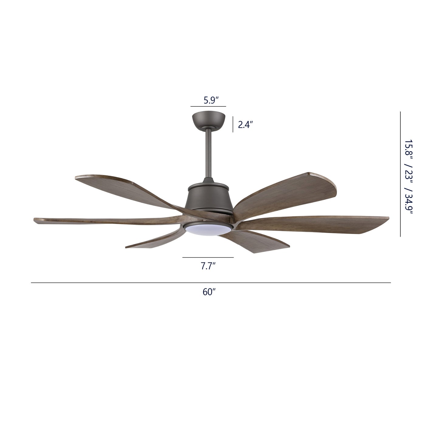 60" Charcoal Grey Ceiling Fan with Wood Blades and LED Light – 6-Blade Smart Fan with Remote