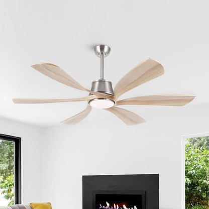 60" Brushed Nickel Ceiling Fan with Wood Blades and LED Light – Modern 6-Blade Smart Fan