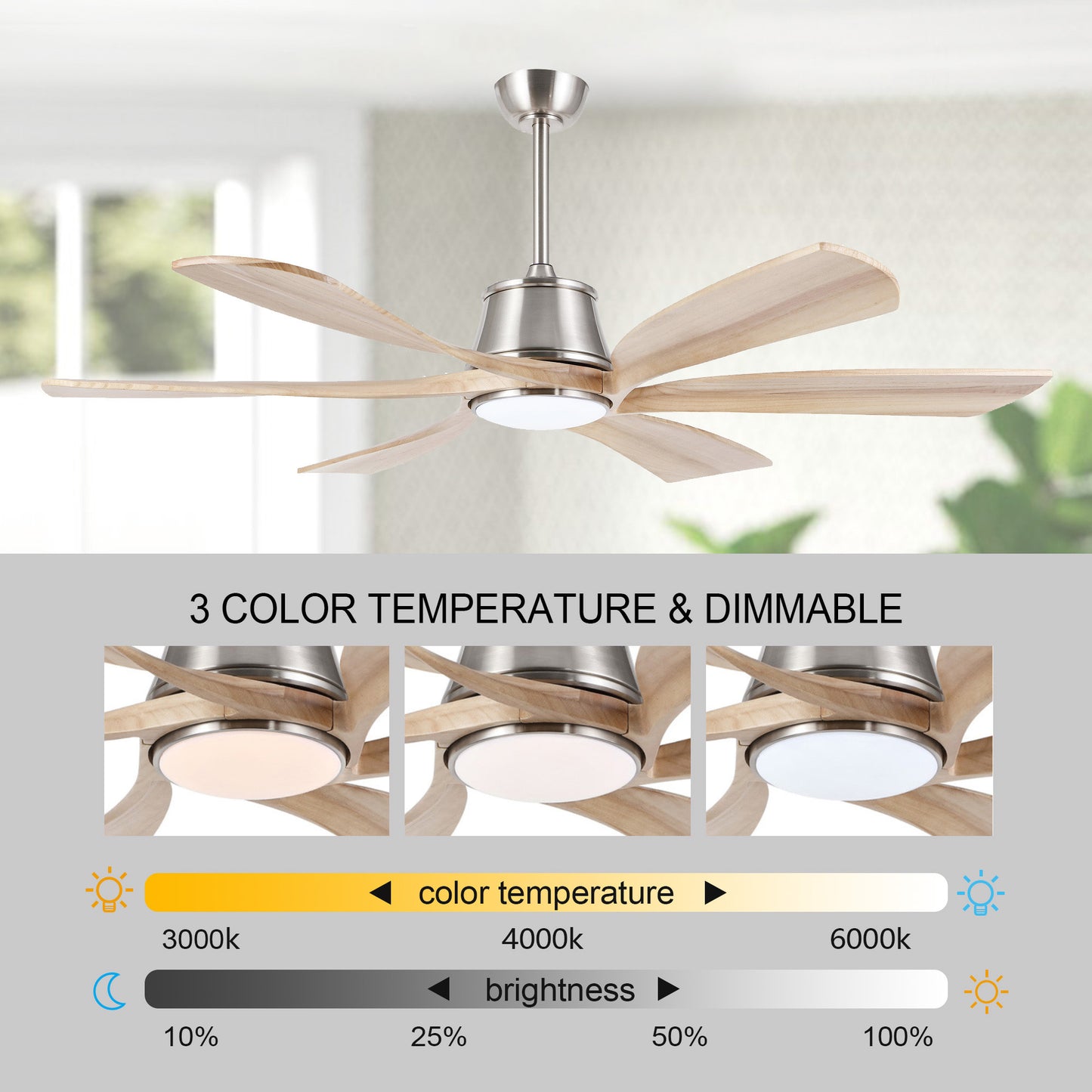 60" Brushed Nickel Ceiling Fan with Wood Blades and LED Light – Modern 6-Blade Smart Fan