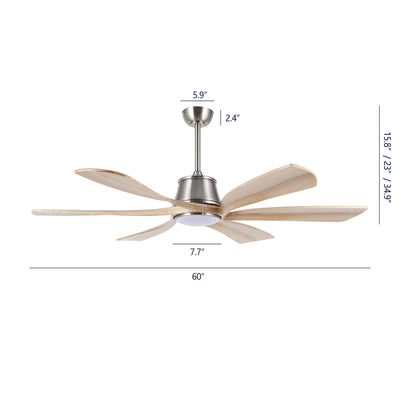 60" Brushed Nickel Ceiling Fan with Wood Blades and LED Light – Modern 6-Blade Smart Fan