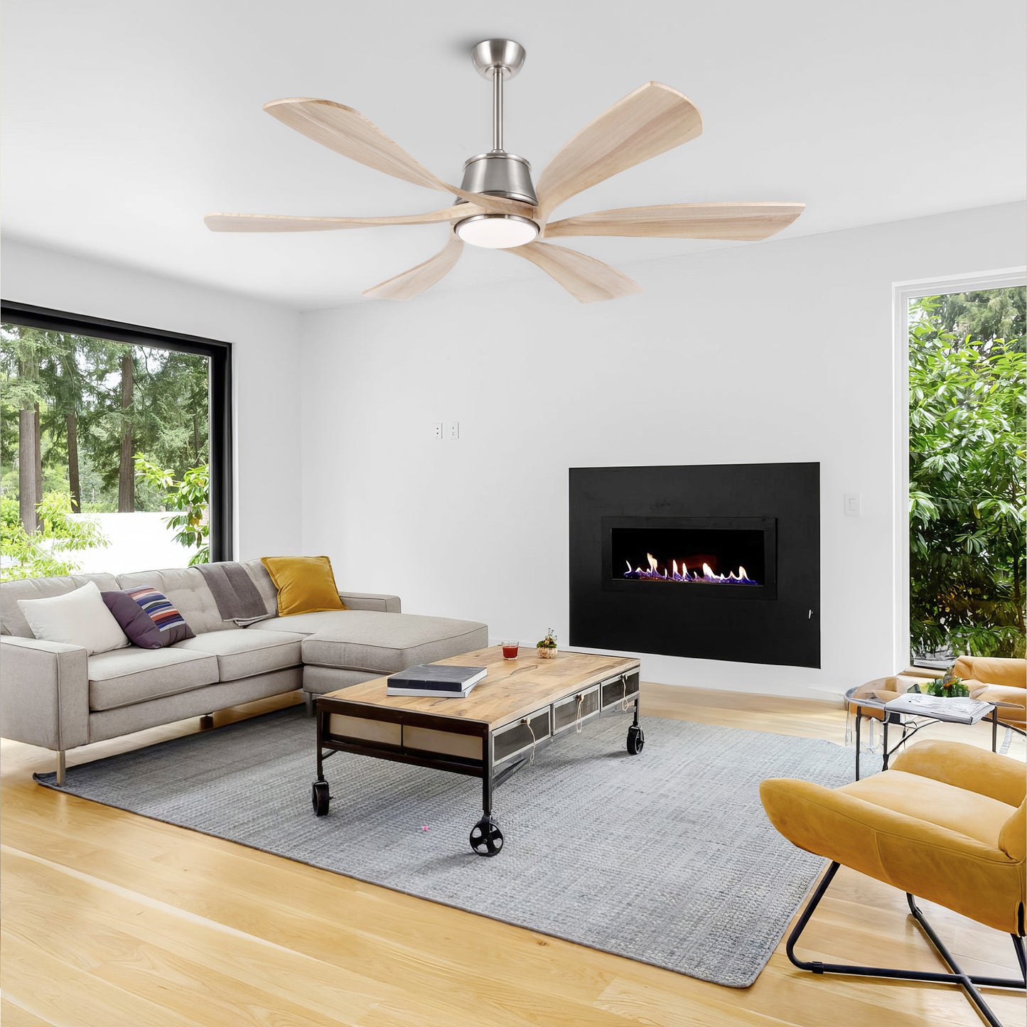 60" Brushed Nickel Ceiling Fan with Wood Blades and LED Light – Modern 6-Blade Smart Fan